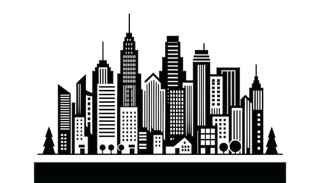 city with tall building in black silhouette on white background