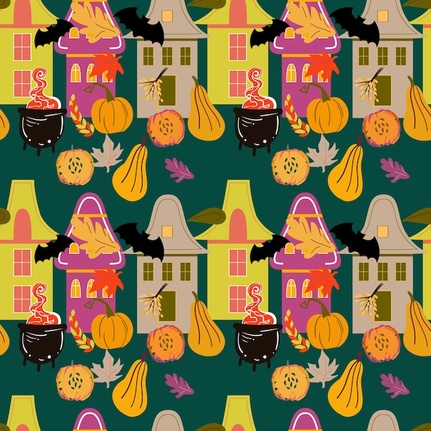 Cityscape in autumn season Houses decorated for Halloween Festive seamless background