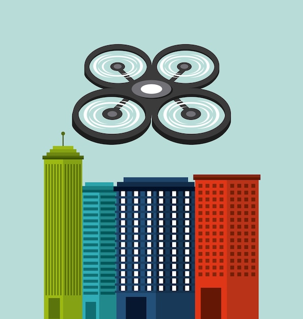 cityscape buildings with drones flying