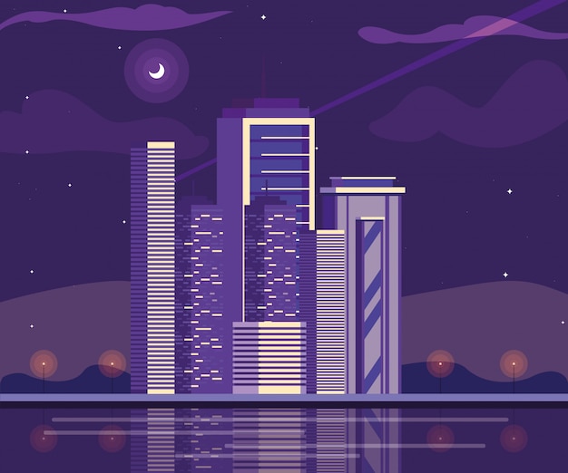 Cityscape buildings with purple sky