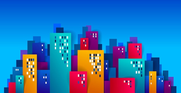 Cityscape cartoon vector illustration in paper cut kids application style, high city buildings real property houses.