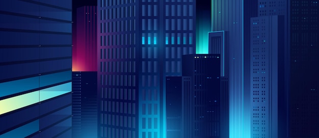 Cityscape on a dark background with bright and glowing neon lights