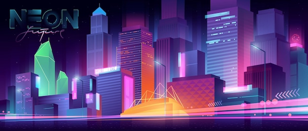 Cityscape on a dark background with bright and glowing neon purple and blue lights