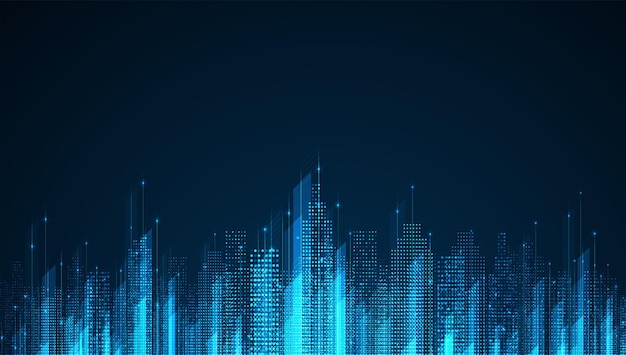 Cityscape on dark blue background with bright glowing neon. Technology city background