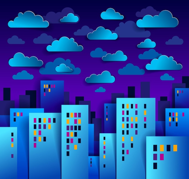 Cityscape in the night with clouds in the sky cartoon vector illustration in paper cut kids application style, high city buildings real property houses midnight time.