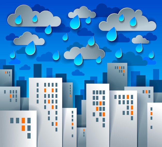 Vector cityscape under rain cartoon vector illustration in paper cut kids application style, high city buildings real property houses and cloudy rainy sky.