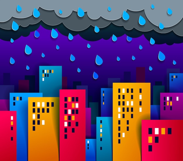 Cityscape under rain in the night cartoon vector illustration in paper cut kids application style, high city buildings real property houses and cloudy rainy sky midnight.