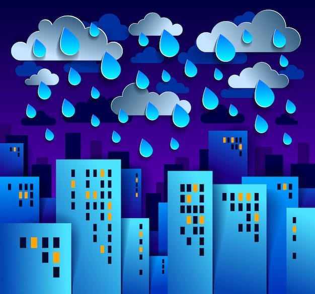 Cityscape under rain in the night cartoon vector illustration in paper cut kids application style, high city buildings real property houses and cloudy rainy sky midnight.