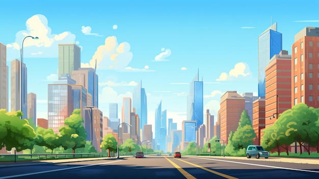 a cityscape with a car driving down the road