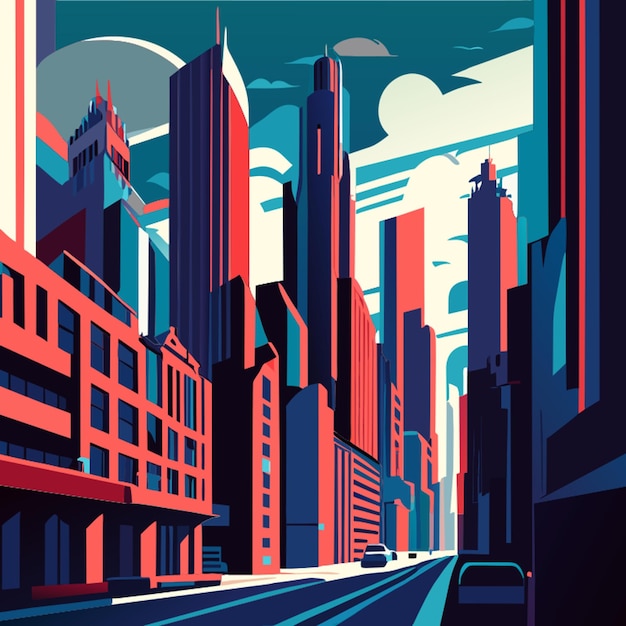 Vector a cityscape with a car driving down the street