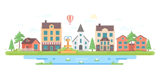 Cityscape with a fountain - modern flat design style vector illustration on white background. Lovely housing complex with small buildings, trees, church, pond with lilies. Clouds, sun, hot air balloon