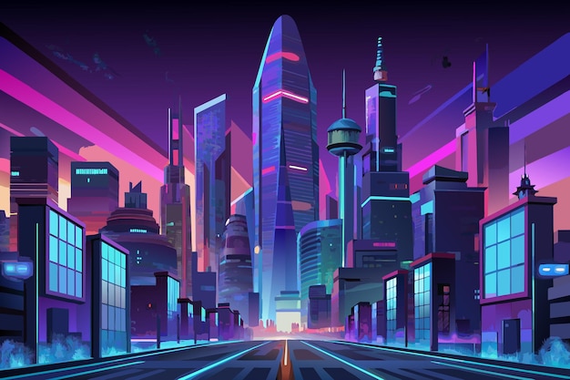 A cityscape with neon lights and a futuristic feel