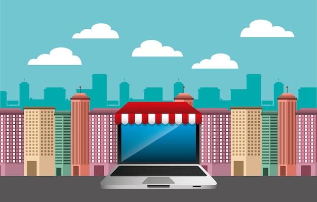 cityscape with social marketing icons