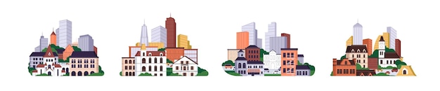 Cityscapes set, city buildings. Urban constructions with modern and old architecture, real estate in downtown. Skyscrapers, low houses facades. Flat vector illustrations isolated on white background.