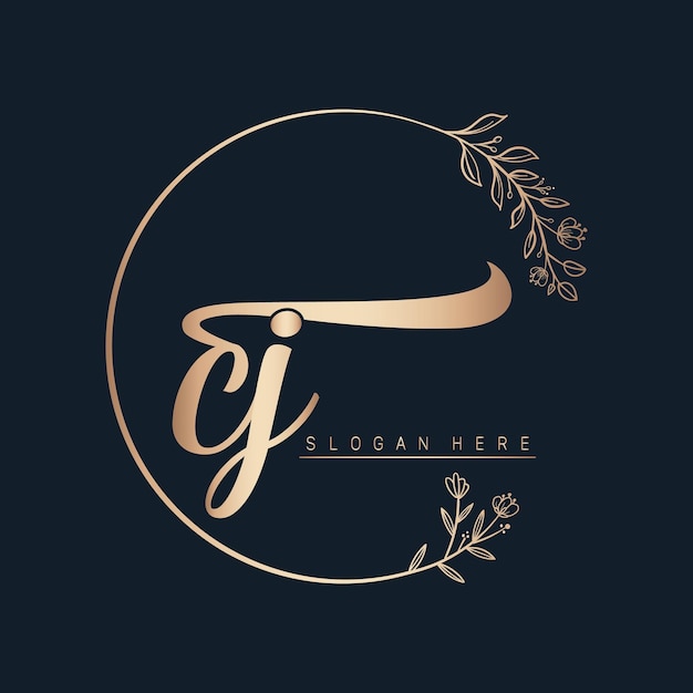 cj calligraphic and signature vector logo design with circle in gold color leaf and flower