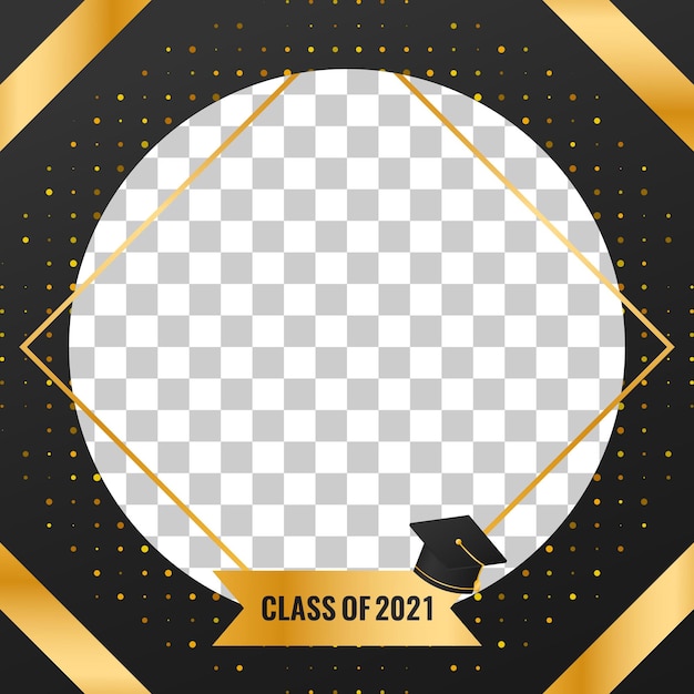 Vector class of 2021 graduation banner design with golden luxury halftone backdrop decorations