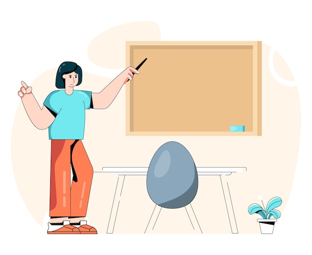 A class teacher giving lecture on board flat illustration