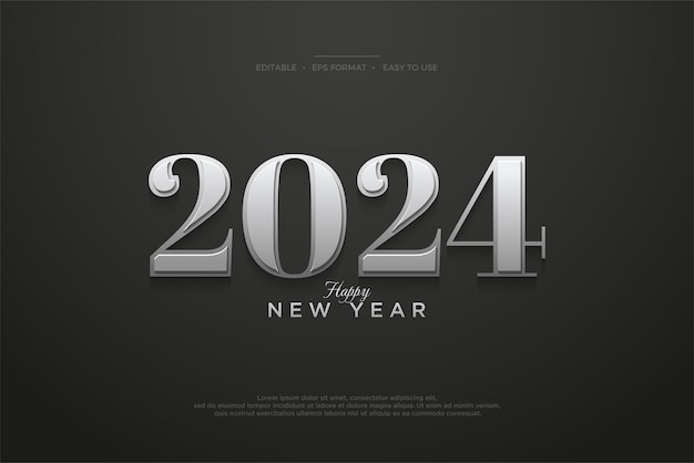 Classic 2024 number design Silver metallic color for happy new year 2024 celebration design Vector premium on black background