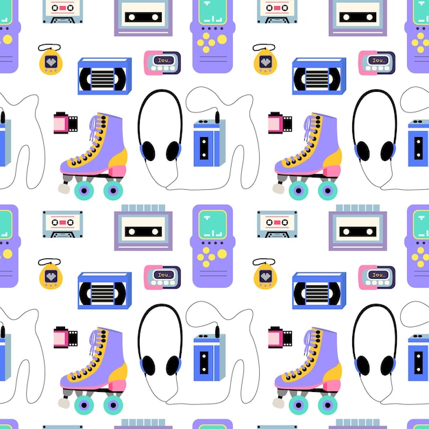 Classic 80s and 90s vector seamless pattern in flat style Retro 90s elements pattern