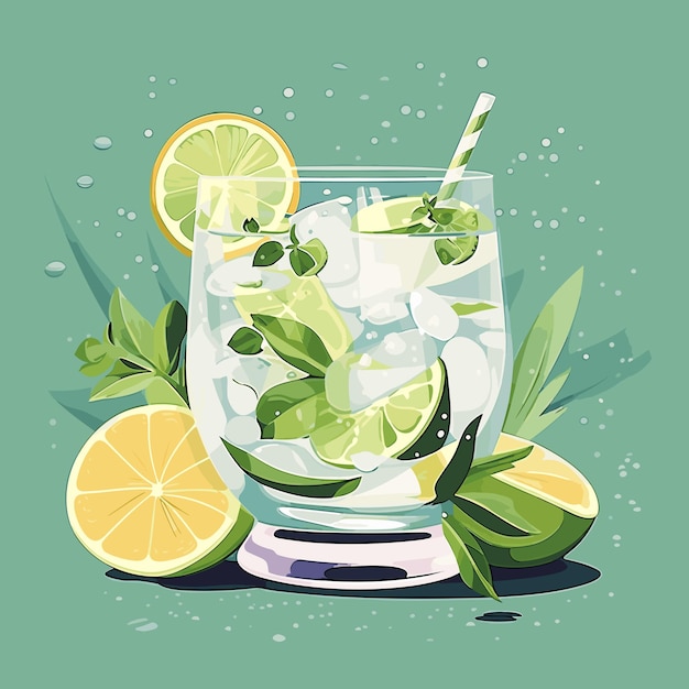 Classic alcoholic cocktail gin and tonic in glass. Refreshing drink with lime orange and ice. Vector illustration