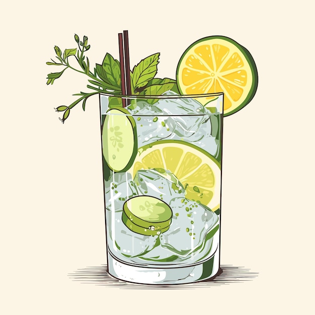 Classic alcoholic cocktail gin and tonic in glass. Refreshing drink with lime orange and ice. Vector illustration