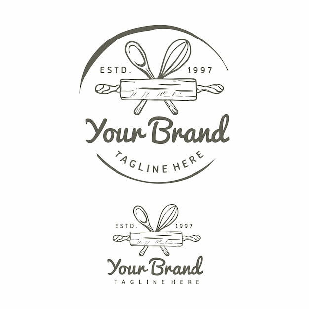 Classic Bakery Logo Design Hand drawn whisk rolling pin and spoon Icon design