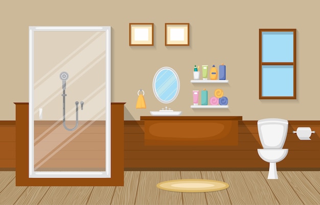 Classic Bathroom Interior Clean Room Wooden Accent Furniture Flat Design