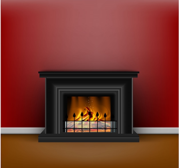 classic black fireplace with a blazing fire for interior design in sandy or hygge style on red