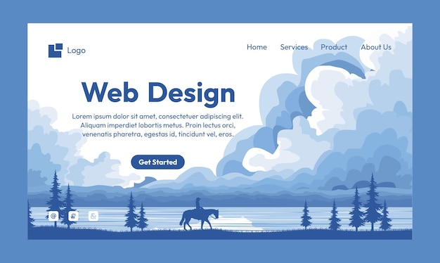 Classic Blue Landing page With Trendy and Beautiful Nature Landscape theme with horse and mountain