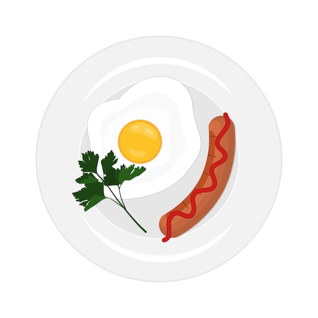 Classic breakfast Fried egg and sausage with ketchup Vector illustration