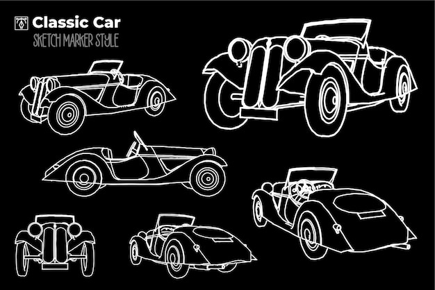 Classic car silhouette illustration Marker effect drawing Editable colored silhouettes