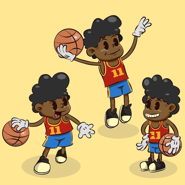 classic cartoon illustration of kid playing basketball