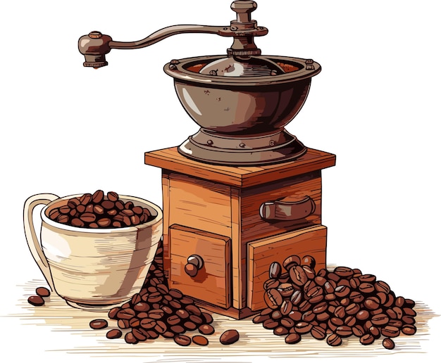 Classic coffee grinder in wooden case vector illustration isolated on white background