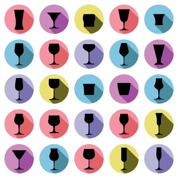 Classic goblets collection – martini, wineglass, cognac and whiskey. Alcohol theme illustrations. Lifestyle graphic design elements, set of simple glasses.