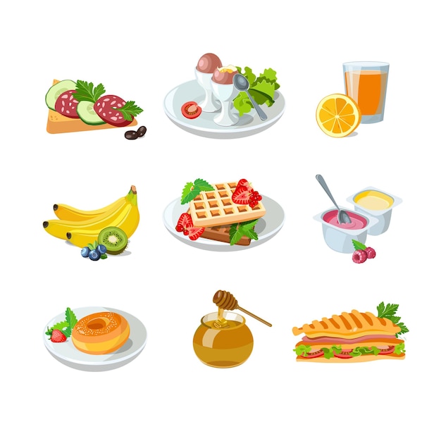 Classic hotel breakfast set with waffles, orange juice, sandwich and donut. Menu poster with eggs, fruit yogurt and honey. Brunch healthy start day options food. Vector illustration.