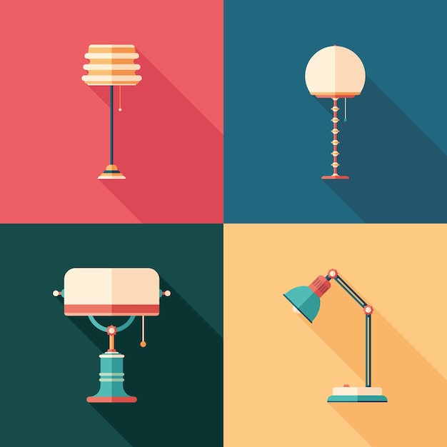 Classic lamps flat square icons with long shadows.