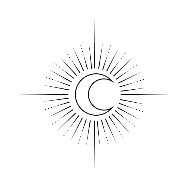 Classic lunar line art. Sun outline logo, moon tattoo.