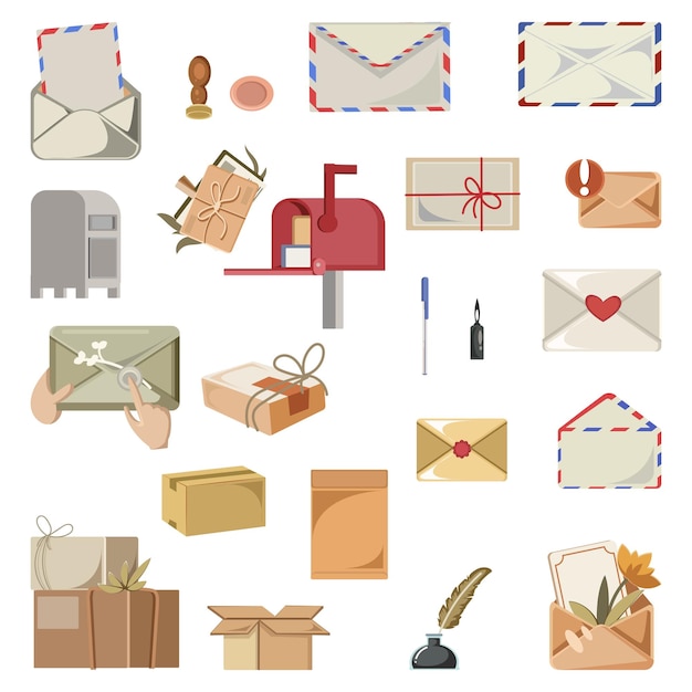 Vector classic mail and packaging illustrations vintage set for postal services and delivery