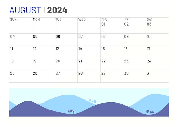 Classic monthly calendar of August for 2024 Calendar in the style of minimalist square shape