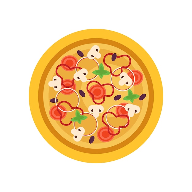 Classic pizza with mushrooms tomatoes olives green basil leaves rings of onion and red pepper Traditional Italian dish or fast food concept Cartoon flat vector design for pizzeria or mobile app