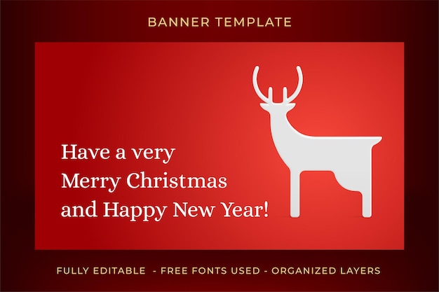 Classic red Merry Christmas horizontal banner template white deer bauble realistic 3d icon vector