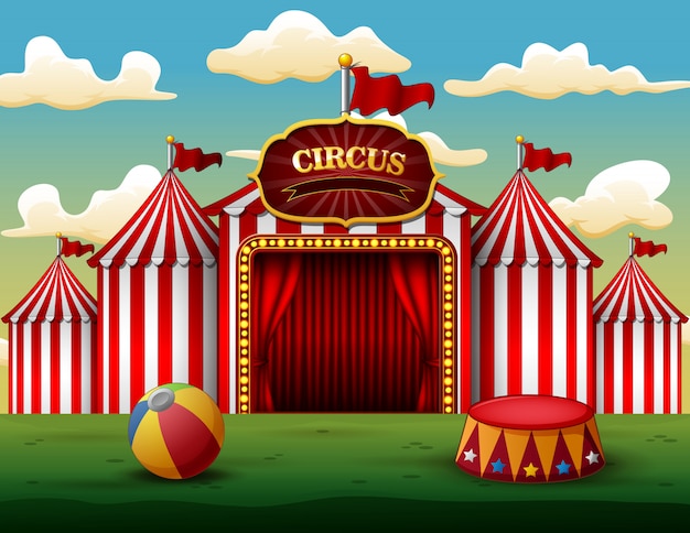 Classic red white circus tent with decorative sign board