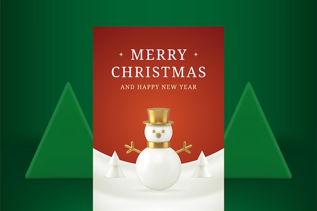 Classic red white Merry Christmas greeting card snowman and spruce realistic 3d icon vector