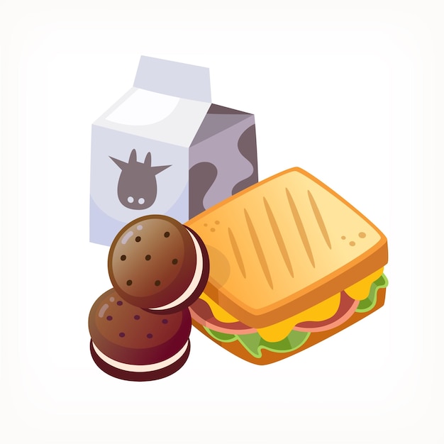 Classic school lunch with sandwich cookies and carton of milk. Vector sticker.