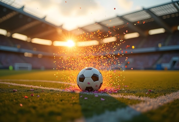 Vector classic soccer ball or football on green grass field with blurred lights