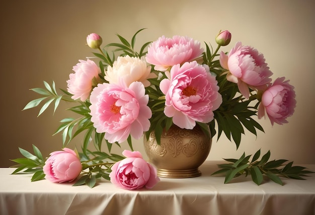 Classic still life of a bouquet of pink and white peonies in a decorative brass vase on a table with a soft painterly background