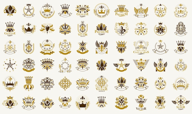 Classic style crowns and stars emblems big set, ancient heraldic symbols awards and labels collection, classical heraldry design elements, family or business emblems with coronets.