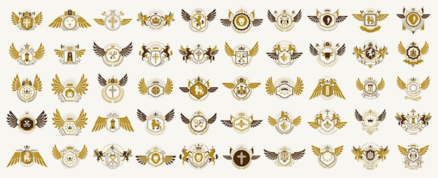 Classic style emblems big set, ancient heraldic symbols awards and labels collection, classical heraldry design elements, family or business emblems.