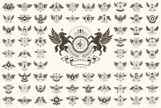 Vector classic style emblems big set, ancient heraldic symbols awards and labels collection, classical heraldry design elements, family or business emblems.