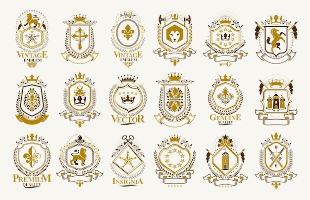 Vector classic style emblems big set, ancient heraldic symbols awards and labels collection, classical heraldry design elements, family or business emblems.